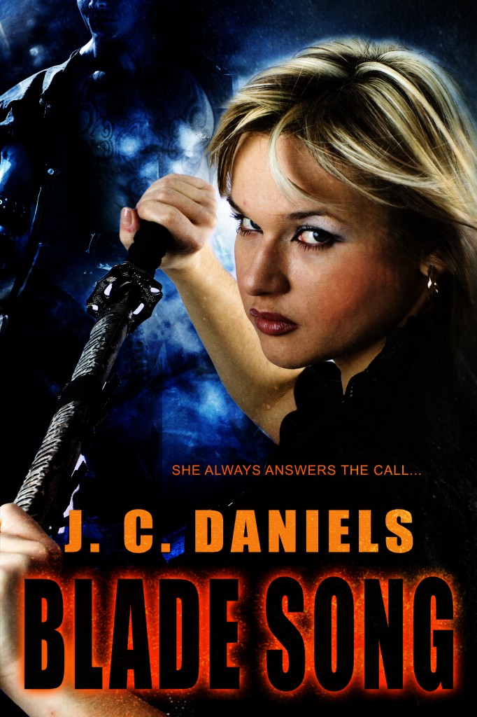 Blade Song Cover Young Woman holding a blade - abstract image of a man in the back.