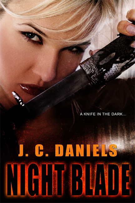 young woman holding a blade, dark background giving impression that it's night - cover for night blade