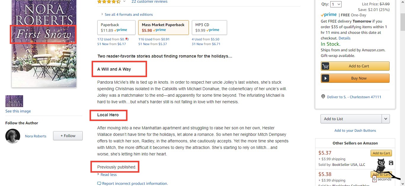 N. Roberts, harlequin anthology, first snow, with two older books, packaged together, with text 'previously published'