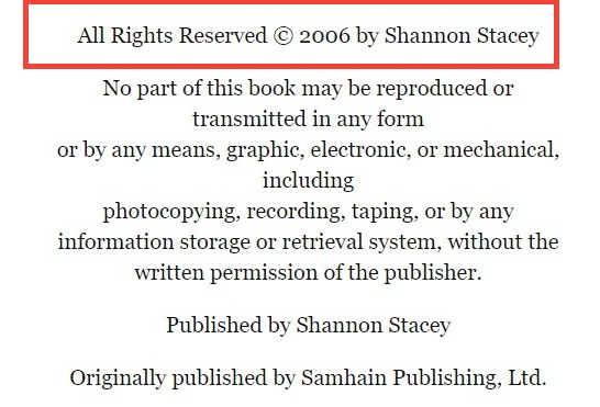 Copyright page screenshot 2006, Shannon Stacey, Forever Again