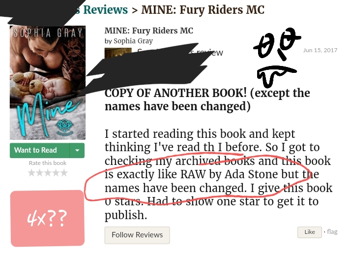 Screenshot of a sharp-eyed reader's review on GR's, noticing the book MINE by Sophia Gray seems to be Ada's RAW