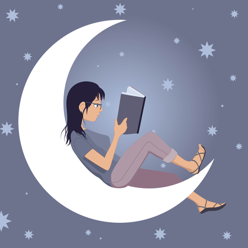 Girl Reading on a crescent moon, how scammers cheat readers