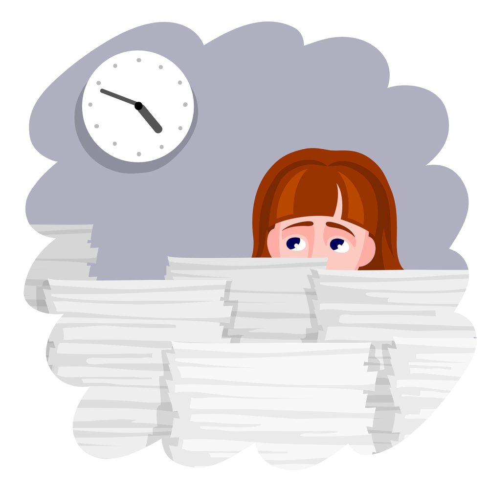 Cartoon of a woman looking at the clock with a mountain of work on the desk in front of her.
