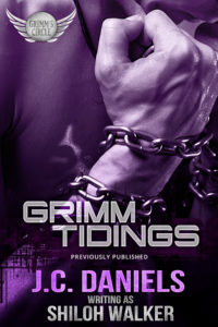 2018 Grimm Tidings cover, bastardized fairy tales, close-up of a man with head bowed,, hands wrapped in chains
