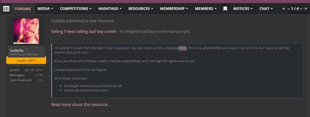 screenshot of Isabella Starling/Marci Fawn auctioning off MS for regurgitation on Dirty Discourse