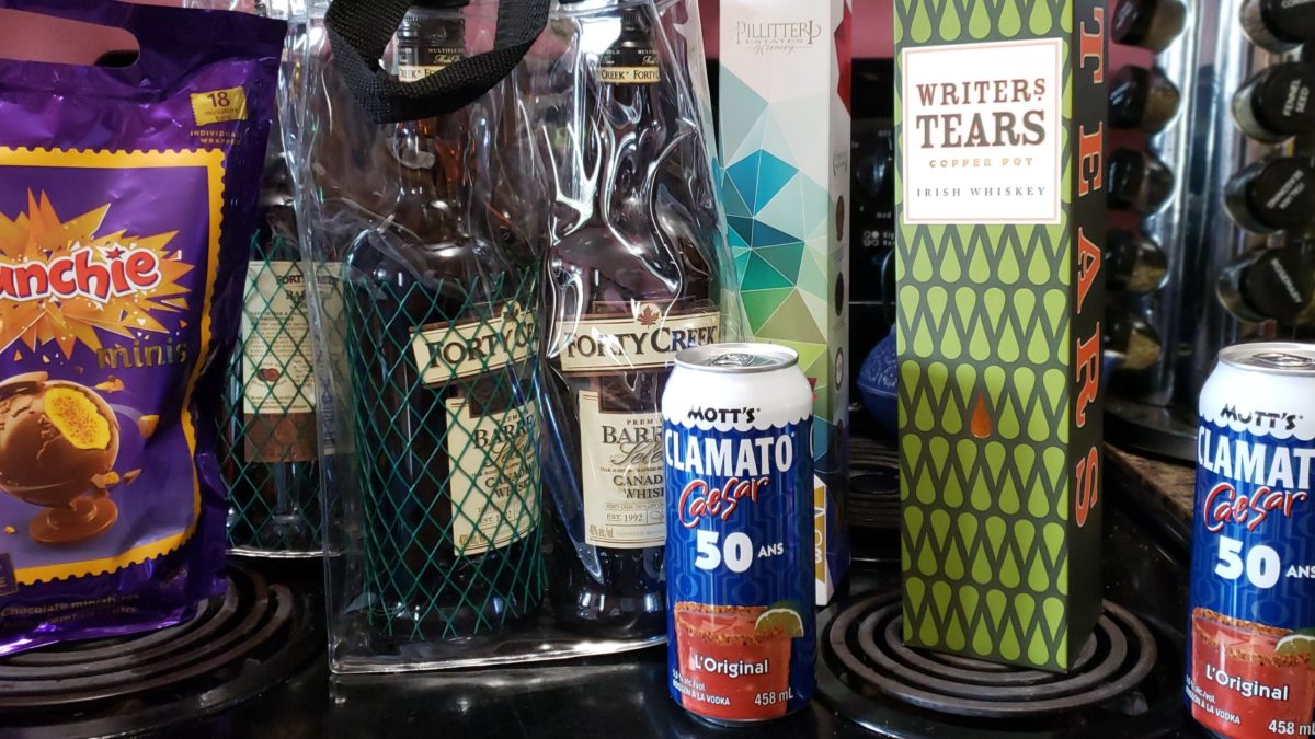 Bloody Ceasars, chocolate, ice wine and Forty Creek whiskey bought at the duty free store at the border