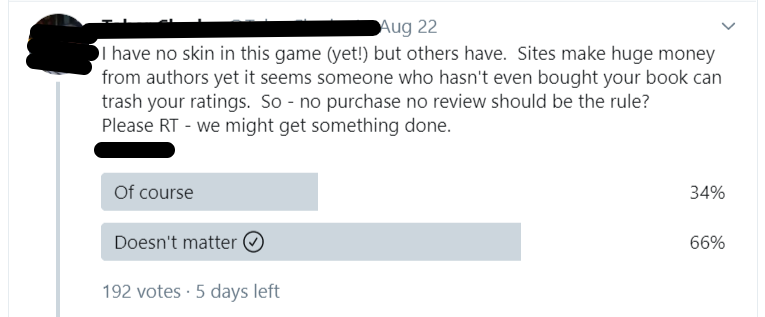 tweet suggesting authors push for a 'no purchase, no review' rule, with a poll to gauge thoughts of others. His opinion isn't the popular one.