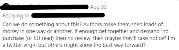 tweet suggesting that unless readers can prove purchase, they shouldn't be able to review a book.
Seriously. What kind of BS is this?