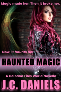 Haunted Magic, a novella in the Kit Colbana series, shows a woman with long, curling red hair in a leather jacket, looking over her shoulder at the camera. Magical elements added.
