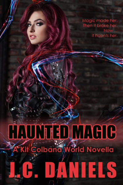 Redheaded woman in leather jacket looking at viewer from over shoulder, wearing a leather jacket. Mystical elements. Cover for Haunted Magic