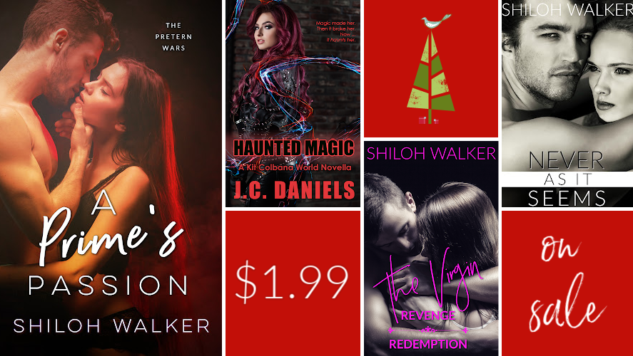 Holiday collage featuring covers for
A Prime’s Passion
Never As It Seems  
The Virgin
Haunted Magic