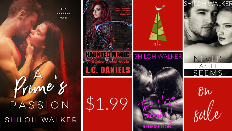 Holiday collage featuring covers for
A PRIME'S PASSION
HAUNTED MAGIC
THE VIRGIN
NEVER AS IT SEEMS