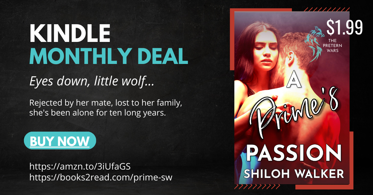 graphic, a Prime's Passion, cover with embracing couple. Text reads Kindle Monthly Deal $1.99. links to Book on Amazon and Books2Read.