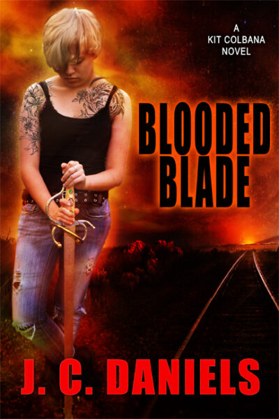 Blonde woman with tattoos holding a sword, against a bloody red sky