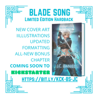 Blade Song, Limited Edition Hardback coming soon to kickstarter - link https://bit.ly/KCK-BS-JC

Shows a hardcover of the book with new cover art - custom illustration of a woman with platinum blonde hair, holding a sword diagonally in front of her. standing in front of a full moon.


Text reads: New Cover Art
IILLUSTRAtIONS
UPDATED FORMATTING
All-New Bonus Chapter
Coming soon to
